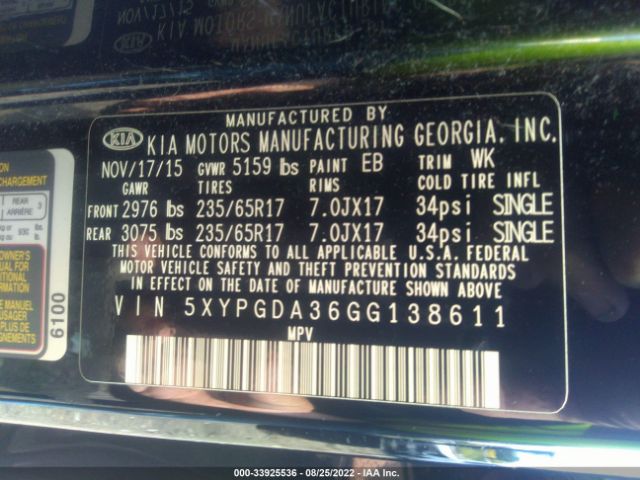 5XYPGDA36GG138611 KIA SORENTO LX