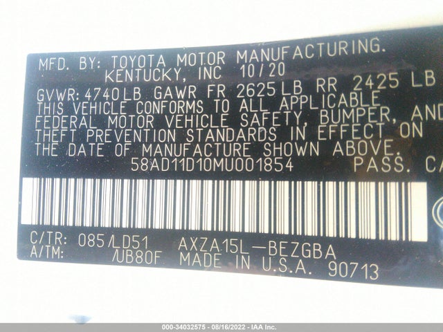 2021 Lexus ES, VIN: 58AD11D10MU001854