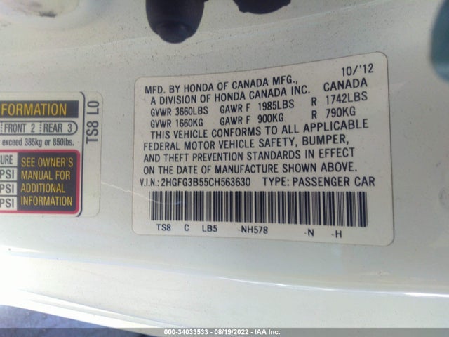 2012 HONDA CIVIC CPE LX VIN: 2HGFG3B55CH563630