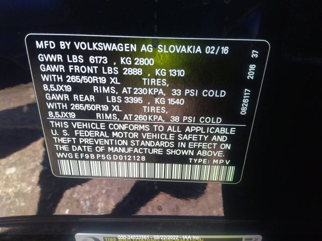 2016 Volkswagen Touareg, VIN: WVGEF9BP5GD012128