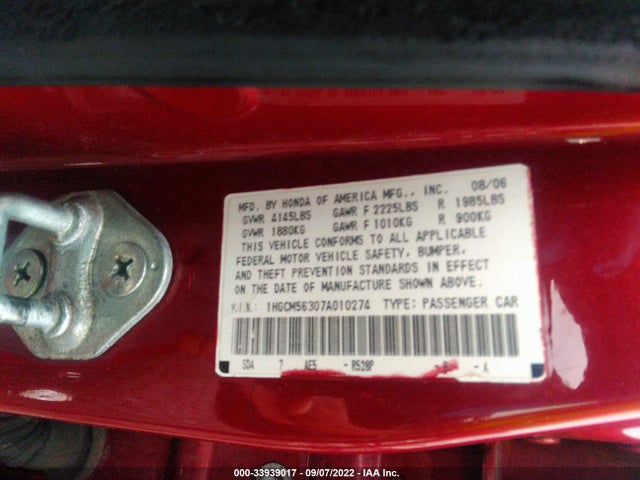 2007 HONDA ACCORD SDN LX SE VIN: 1HGCM56307A010274