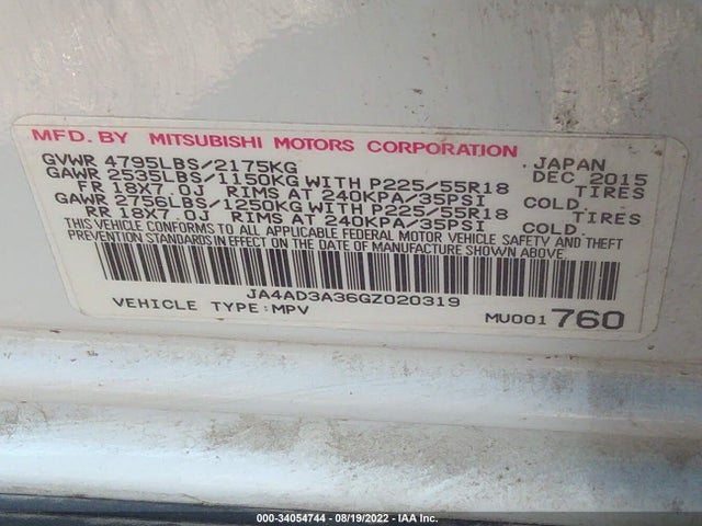 2016 Mitsubishi Outlander, VIN: JA4AD3A36GZ020319