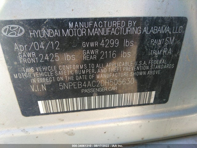 2013 HYUNDAI SONATA GLS VIN: 5NPEB4AC2DH505630