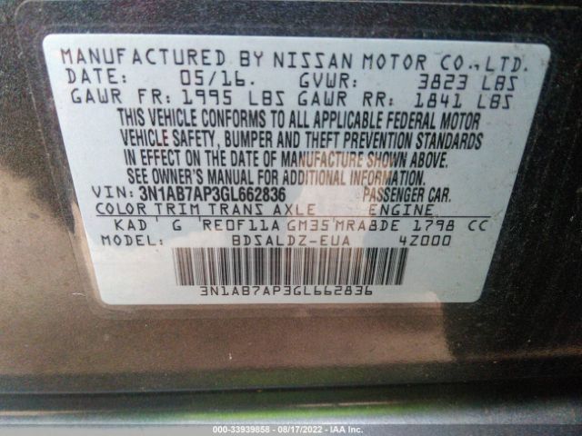 3N1AB7AP3GL662836 Nissan Sentra Sr/sl/s/sv/fe+ S