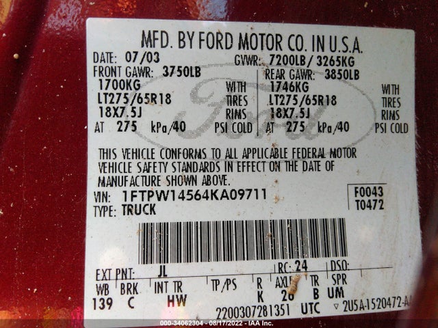 2004 FORD F-150 XLT/FX4/LARIAT VIN: 1FTPW14564KA09711