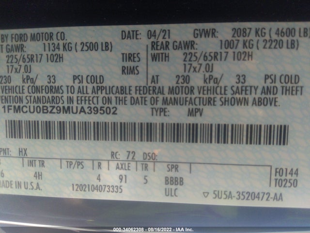 2021 Ford Escape, VIN: 1FMCU0BZ9MUA39502