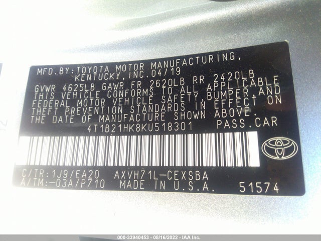 2019 Toyota Camry, VIN: 4T1B21HK8KU518301