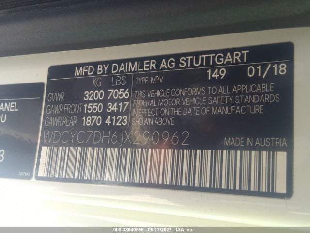 2018 Mercedes-Benz G-Class, VIN: WDCYC7DH6JX290962