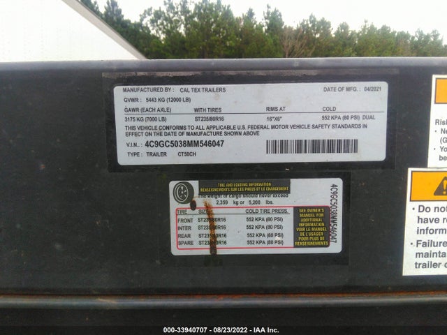 2021 TRAILER CAL-TEX 3 AXLE TRAILER VIN: 4C9GC5038MM546047