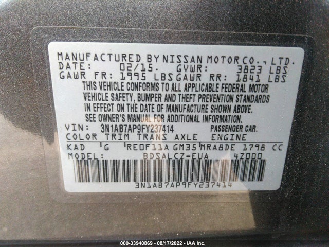 2015 NISSAN SENTRA SR/SL/S/SV/FE+ S VIN: 3N1AB7AP9FY237414