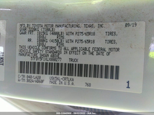 2020 Toyota Tundra, VIN: 5TFBY5F1XLX880277
