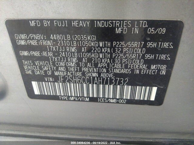 2010 SUBARU FORESTER 2.5X PREMIUM VIN: JF2SH6CC1AH713732
