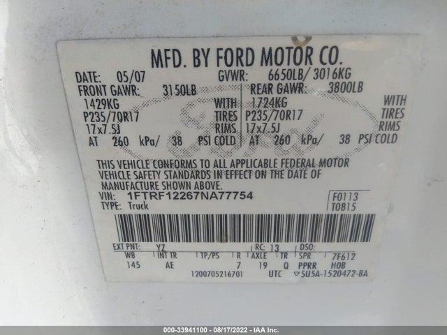 2007 FORD F-150 XL/STX/XLT VIN: 1FTRF12267NA77754