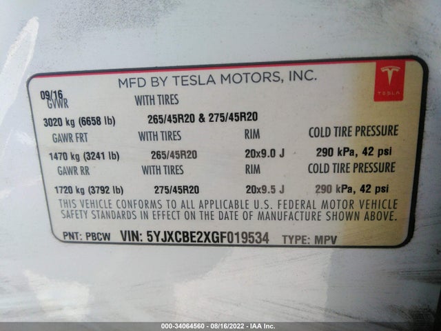 2016 Tesla Model X, VIN: 5YJXCBE2XGF019534