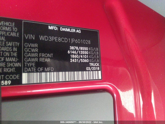 2018 Mercedes-Benz Sprinter, VIN: WD3PE8CD1JP601028