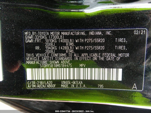 2021 Toyota Sequoia, VIN: 5TDHY5B18MS184475