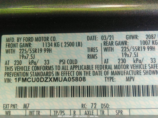 2021 Ford Escape, VIN: 1FMCU0DZXMUA05808