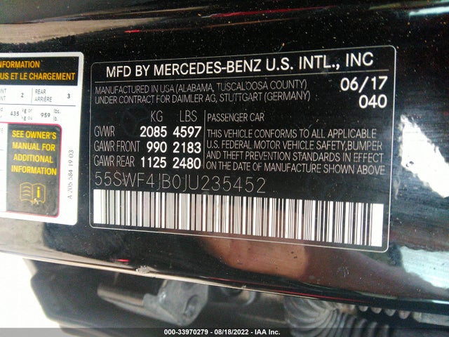 2018 MERCEDES-BENZ C-CLASS C 300 VIN: 55SWF4JB0JU235452