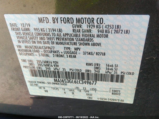 2020 FORD ECOSPORT SE VIN: MAJ6S3GL6LC349677