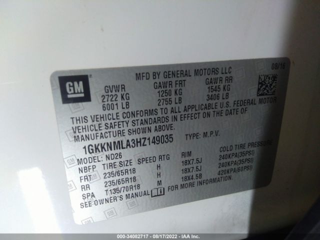 1GKKNMLA3HZ149035 GMC ACADIA SLT