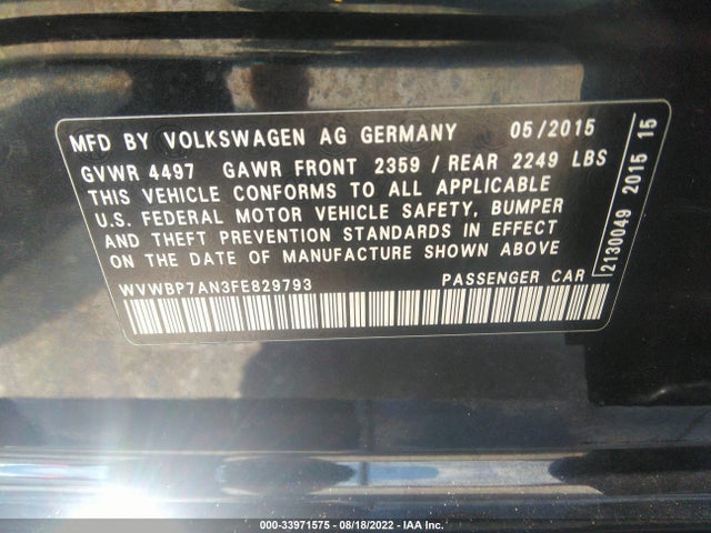 2015 Volkswagen CC, VIN: WVWBP7AN3FE829793