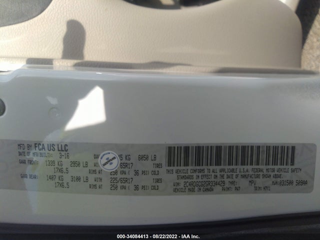 2016 DODGE GRAND CARAVAN SXT VIN: 2C4RDGCG2GR334429