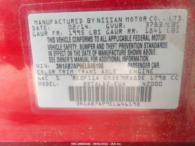 3N1AB7AP9EL646198 Nissan Sentra S/fe+ S/sv/fe+ Sv/sr/sl