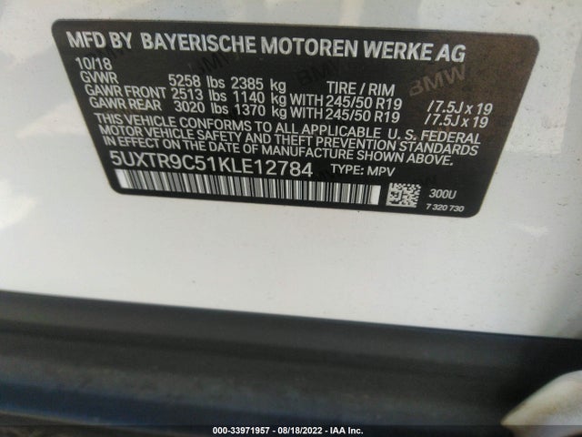 2019 BMW X3, VIN: 5UXTR9C51KLE12784