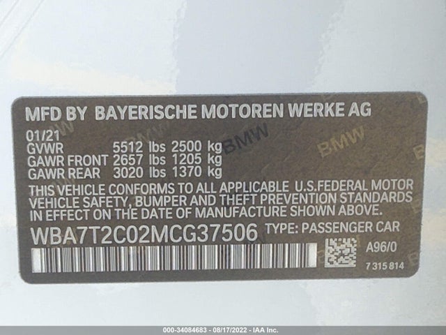 2021 BMW 7 Series, VIN: WBA7T2C02MCG37506