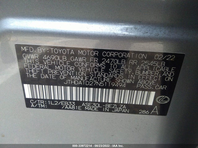 2022 Lexus IS, VIN: JTHDA1D27N5119494