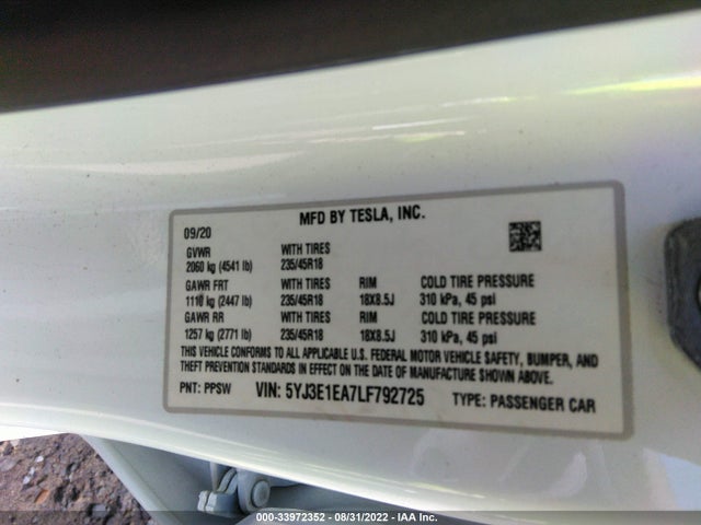 Tesla Model 3 Standard Range 2020 5YJ3E1EA7LF792725 Image 9