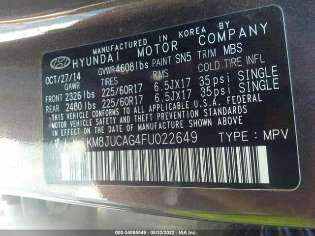 2015 Hyundai Tucson, VIN: KM8JUCAG4FU022649