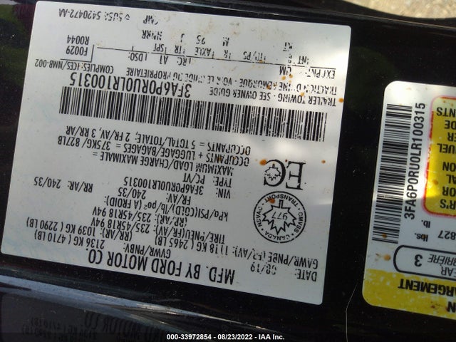 2020 Ford Fusion, VIN: 3FA6P0RU0LR100315