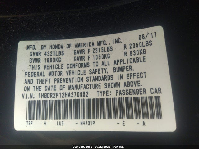 2017 HONDA ACCORD SEDAN SPORT SE VIN: 1HGCR2F12HA270952
