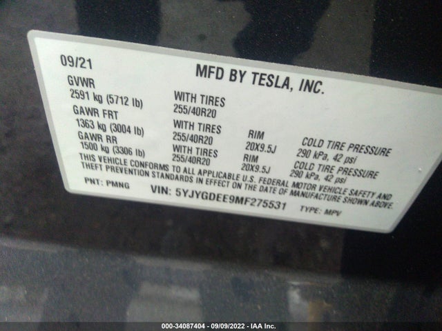 2021 Tesla Model Y, VIN: 5YJYGDEE9MF275531