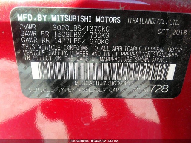 2019 Mitsubishi Mirage, VIN: ML32A5HJ7KH002402