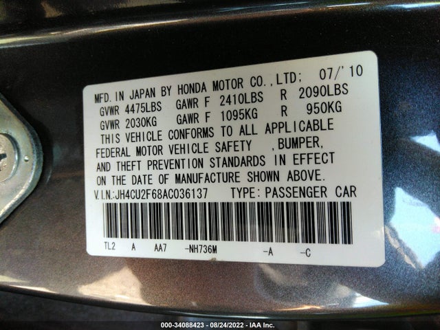 2010 ACURA TSX VIN: JH4CU2F68AC036137