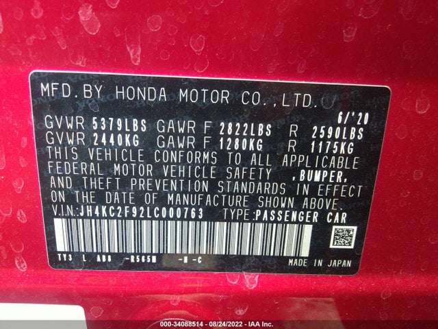 2020 Acura RLX, VIN: JH4KC2F92LC000763
