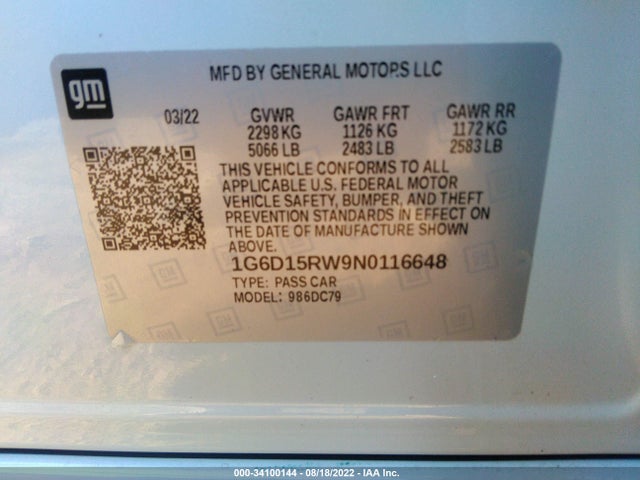 2022 Cadillac CT5, VIN: 1G6D15RW9N0116648