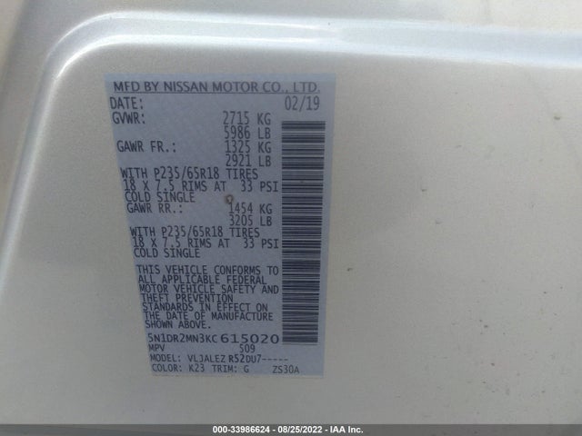 2019 Nissan Pathfinder, VIN: 5N1DR2MN3KC615020