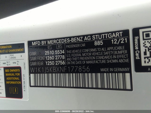2022 Mercedes-Benz E-Class, VIN: W1K1J5KBXNF177856