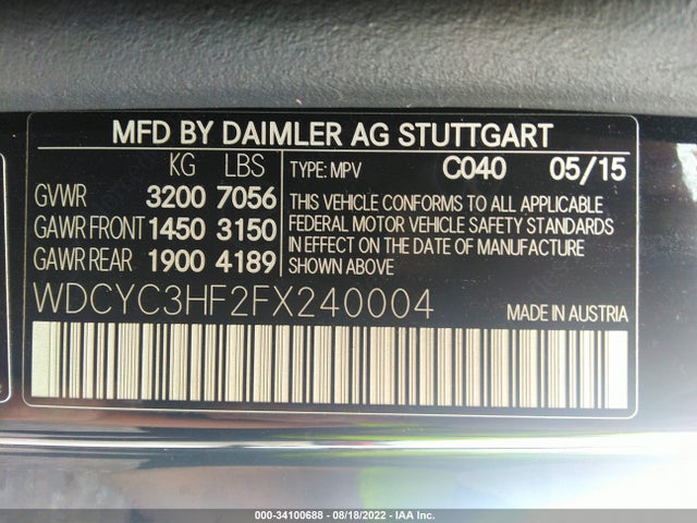 2015 Mercedes-Benz G-Class, VIN: WDCYC3HF2FX240004