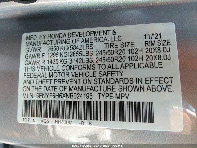 2022 Honda Pilot, VIN: 5FNYF6H6XNB024196
