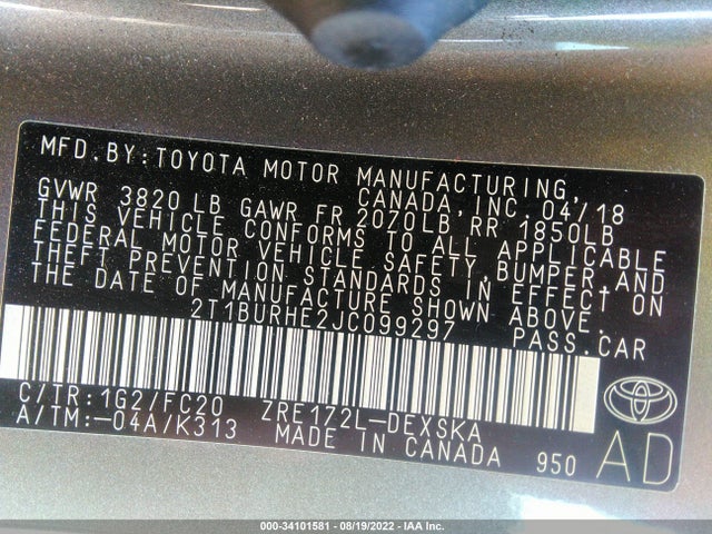 2018 TOYOTA COROLLA L/LE/XLE/SE/XSE VIN: 2T1BURHE2JC099297