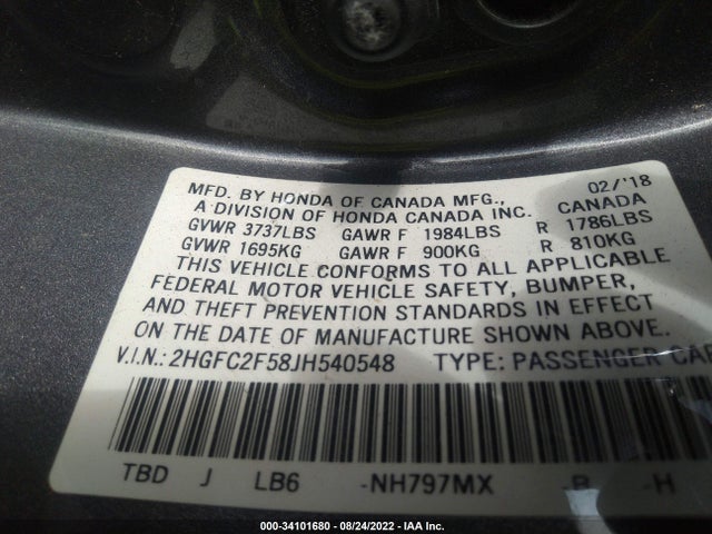 Honda Civic Lx 2018 2HGFC2F58JH540548 Image 9