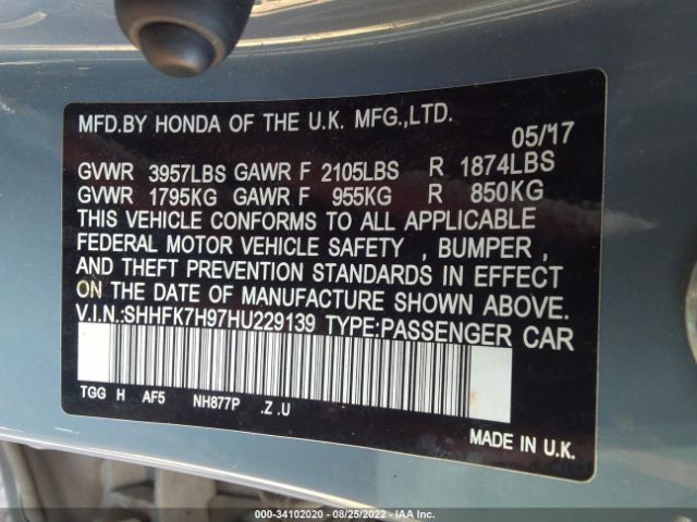 SHHFK7H97HU229139 Honda Civic Sport Touring