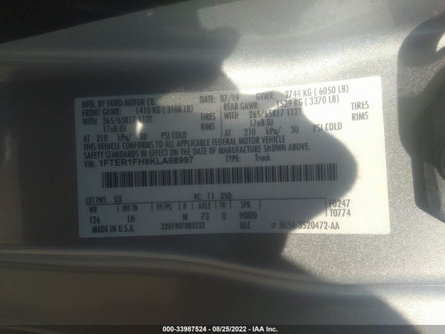 2019 FORD RANGER XLT VIN: 1FTER1FH8KLA68997