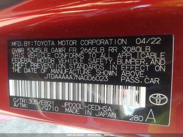 2022 Toyota Mirai, VIN: JTDAAAAA7NA006023