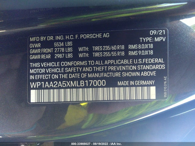2021 Porsche Macan, VIN: WP1AA2A5XMLB17000