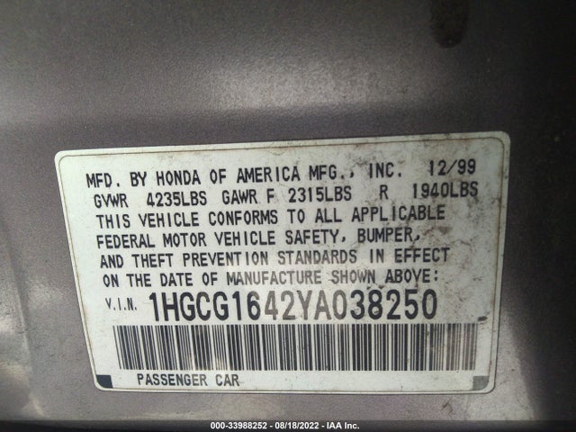 2000 HONDA ACCORD SDN LX VIN: 1HGCG1642YA038250